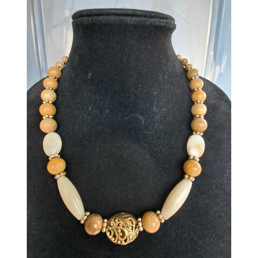 Fashion‎ Jewelry Gemstone Beaded Necklace Jasper Gold Tone Spacers